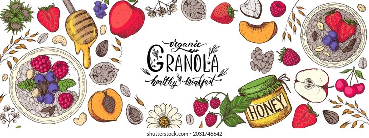 Ilustración de ingredientes de granola. Tartas de avena, bayas, frutas y nueces dibujadas a mano. Marco panorámico del desayuno Granola. Diseño de menús de comida muesli. Ilustración vectorial dibujada a mano. Diseño de granola