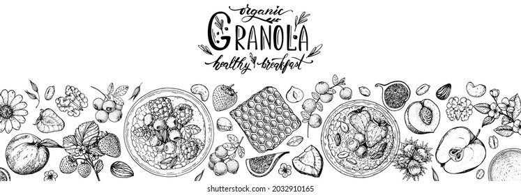 Ilustración de ingredientes de granola. Tartas de avena, bayas, frutas y frutos secos dibujados a mano. Marco panorámico del desayuno Granola. Diseño de menús de comida muesli. Ilustración vectorial dibujada a mano. Diseño de granola