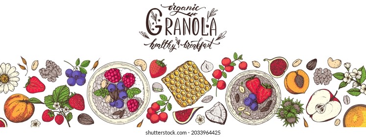 Granola ingredients illustration. Oat flakes , berries, fruits and nuts hand drawn. Granola Breakfast top view frame. Muesli food menu design. Hand drawn vector illustration. Granola design