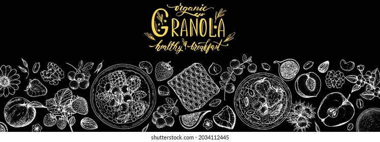 Ilustración de ingredientes de granola. Tartas de avena, bayas, frutas y frutos secos dibujados a mano. Marco panorámico del desayuno Granola. Diseño de menús de comida muesli. Ilustración vectorial dibujada a mano. Diseño de granola