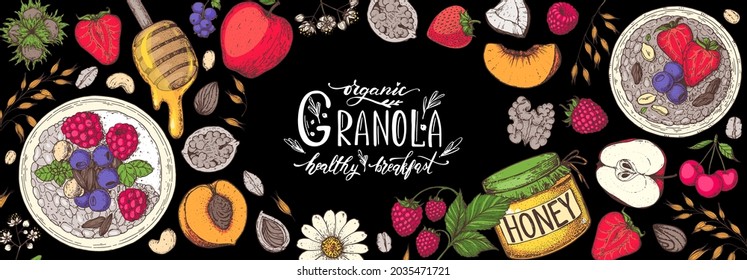 Ilustración de ingredientes de granola. Tartas de avena, bayas, frutas y nueces dibujadas a mano. Marco panorámico del desayuno Granola. Diseño de menús de comida muesli. Ilustración vectorial dibujada a mano. Diseño de granola