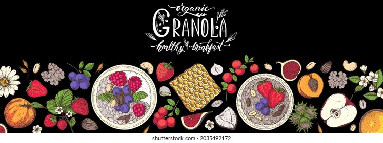 Granola ingredients illustration. Oat flakes , berries, fruits and nuts hand drawn. Granola Breakfast top view frame. Muesli food menu design. Hand drawn vector illustration. Granola design