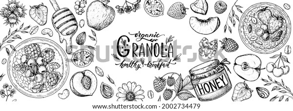 Granola ingredients illustration. Oat flakes ,\
berries, fruits and nuts hand drawn sketch. Granola Breakfast top\
view frame. Muesli food menu design. Hand drawn vector\
illustration. Granola\
design