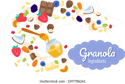 Granola ingredients like berries, chocolate, nuts, crispy rice, chia and pumpkin seeds, coconut, honey.