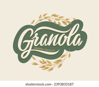 Granola label, cereal food and oatmeal breakfast vector symbol with oat grains, seeds and spikelets. Organic healthy food, muesli bar, dry snack or bread, vegan nutrition homemade meal retro label