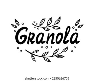 Grabado de granola, logotipo. Muesli, emblema de diseño de embalaje con elementos decorativos de caligrafía. Ilustración vectorial para fondos, carteles, pegatinas y textiles. Aislado sobre fondo blanco.