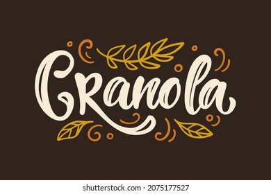 Granola lettering vector logotype. Muesli logo. Packaging design emblem with calligraphy decorative doodles elements. Healthy eating badge label. Oatmeal porridge. Retro vintage style banner