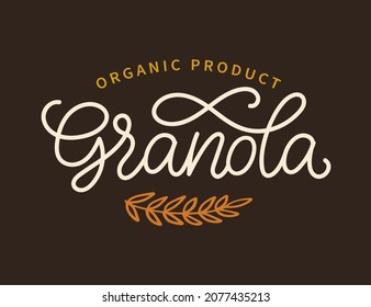 Granola lettering vector logotype. Muesli logo. Packaging design emblem with calligraphy decorative doodles elements. Healthy eating badge label. Oatmeal porridge. Retro vintage style banner