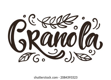 Granola lettering vector logotype. Muesli logo isolated. Packaging design emblem with calligraphy decorative doodles elements. Healthy eating badge label. Oatmeal porridge. Retro vintage style banner