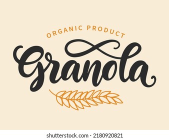 Granola lettering vector logotype. Muesli logo. Packaging design emblem with calligraphy decorative doodles elements. Healthy eating badge label. Oatmeal porridge. Retro vintage style banner