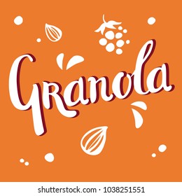 Granola lettering white vector logo design with seeds and shadow on orange background