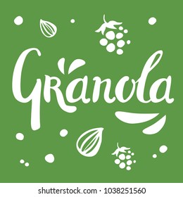 Granola lettering white vector logo design with seeds and on green background