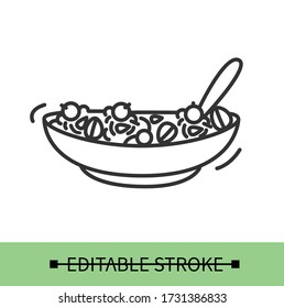 Granola line icon.Healthy breakfast yogurt or milk bowl with granola and fruits.Homemade granola recipe.Isolated linear food illustration.Editable stroke
