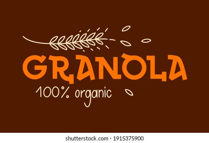 Granola logo design template. Emblem for on dark background. Oatmeal porridge. Lettering with spikelets. Healthy food logotype for package, label.