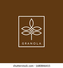 Plantilla de diseño del logotipo Granola. Insignia o emblema de comida saludable y orgánica para envasado de alimentos. Logotipo lineal de trigo de granola sobre fondo marrón - Vector