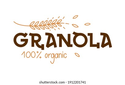 Granola logo design template. Organic muesli. Lettering composition with spikelets. Healthy food logotype for package, label. Emblem for porridge.