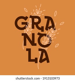 Granola logo design template. Organic product premium quality. Lettering composition with spikelets. Healthy food logotype for package, label. Emblem.