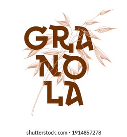 Granola logo design vector. Organic product premium quality. Lettering composition with spikelets of oats. Healthy food logotype for package, label.