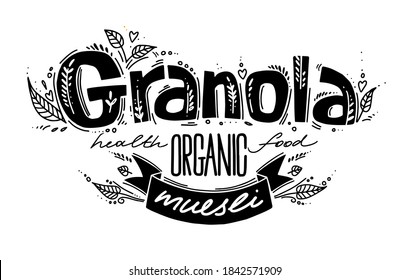 Granola logo with handwritten calligraphy lettering composition and ribbon in doodle style. Muesli, organic health food. Black and white vector.