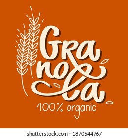 Granola logo organic food vector. Lettering composition and stylized spikelets with grains. Calligraphy. Healthy food logotype for package, label.