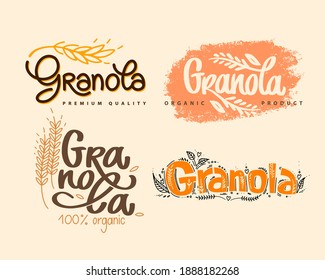 Granola logo set vector. Organic product. Collection of lettering compositions with spikelets and decorative elements. Logotypes for package, label.