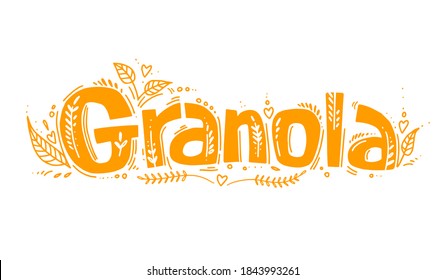 Granola logo template with handwritten calligraphy lettering composition in doodle style. Muesli, organic health food concept. Hand made vector.