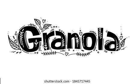 Granola logo template with handwritten calligraphy lettering composition in doodle style. Muesli, organic health food concept. Black and white vector.