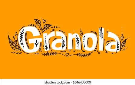 Granola logo template with handwritten calligraphy lettering composition in doodle style. Muesli, organic health food concept. vector illustration.