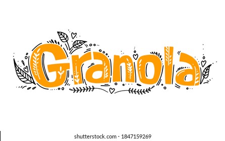 Granola logo template with handwritten calligraphy lettering composition in doodle style. vector illustration. Muesli, organic health food concept.