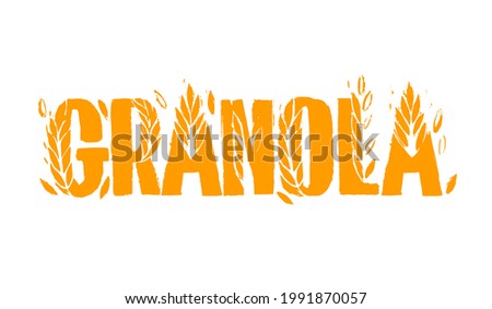 Granola logo template with handwritten calligraphy, lettering composition in doodle style. Muesli, organic health food concept. Hand made vector.