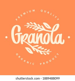 Granola logo vector. Food logotype for package, label. Emblem eco breakfast food. Lettering composition, spikelets, grains. Handwritten calligraphy.