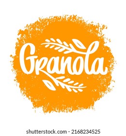 Granola logo vector. Food logotype for package, label. Emblem eco breakfast food. Lettering composition, spikelets, grains. Handwritten calligraphy.