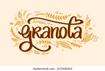 Granola logo vector. Organic muesli. Handmade calligraphy. Lettering, leaves with decorative elements. illustration healthy concept logotype with cute background. oatmeal porridge. hipsters lifestyle.