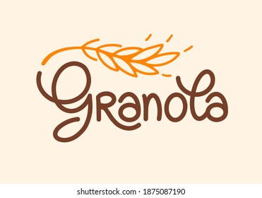 Granola logo vector template. Lettering composition and stylized spikelet. Handwritten calligraphy isolated on light background. Healthy food logotype