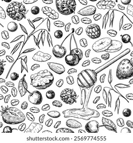 Granola, muesli or oatmeal food vector seamless pattern. Breakfast meal sketch background. Cereal with fruits, nuts, berries and honey inked style drawing. Dry grain engraved illustration for packagin