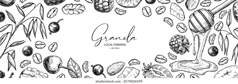 Granola, muesli or oatmeal food vector label template. Breakfast meal sketch. Cereal with fruits, nuts, berries and honey inked style drawing. Dry grain engraved illustration for packaging design