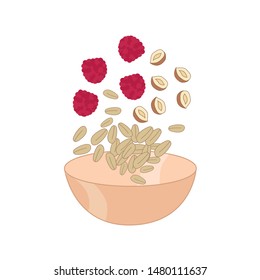 granola muesli raspberries nuts proper nutrition fall into the plate