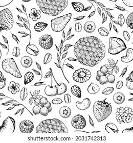 Granola , muesli seamless pattern . Oat flakes for breakfast hand drawn sketch. Granola Breakfast. Muesli food menu design. Hand drawn vector illustration. Granola package design