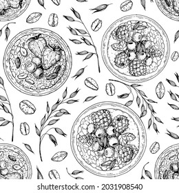 Granola , muesli seamless pattern . Oat flakes and breakfast bowl hand drawn sketch. Granola Breakfast. Muesli food menu design. Hand drawn vector illustration. Granola design, porridge for breakfast