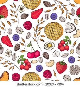 Granola , muesli seamless pattern . Oat flakes for breakfast hand drawn. Granola Breakfast. Muesli food menu design. Hand drawn vector illustration. Granola package design