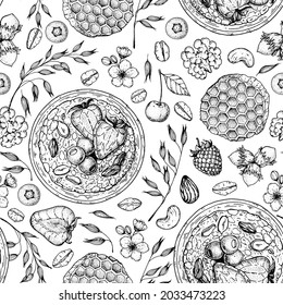 Granola , muesli seamless pattern . Oat flakes and breakfast bowl hand drawn sketch. Granola Breakfast. Muesli food menu design. Hand drawn vector illustration. Granola design, porridge for breakfast