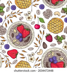 Granola , muesli seamless pattern . Oat flakes and breakfast bowl hand drawn. Granola Breakfast. Muesli food menu design. Hand drawn vector illustration. Granola design, porridge for breakfast