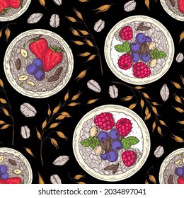Granola , muesli seamless pattern . Oat flakes and breakfast bowl hand drawn. Granola Breakfast. Muesli food menu design. Hand drawn vector illustration. Granola design, porridge for breakfast