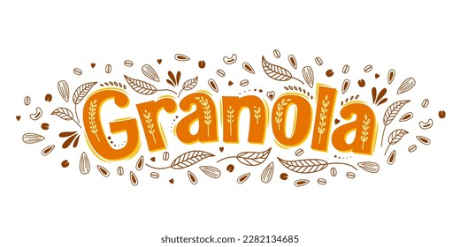 Getreideetikett für Müsli- oder Haferfrühstück, Vektorgrafik. Granola-Paket-Hintergrund für organisches gesundes Mehl oder Müsli und Bratschnecken, braunes und orangefarbenes Granola-Buchstabenzeichen