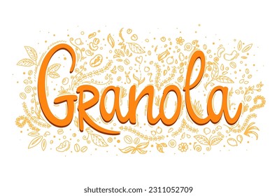 Granola oatmeal food label, cereal muesli food or oat breakfast package vector emblem. Granola label with doodle line wheat, nuts and leaves on background for organic healthy meal or grain granola