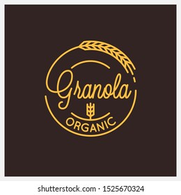 Granola organic logo. Round linear logo of granola wheat on black background