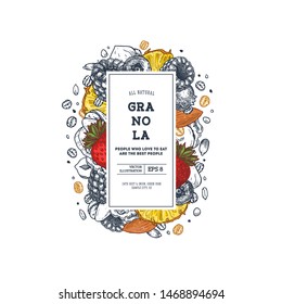 Granola packaging design template. Engraved style illustration. Various berries, fruits and nuts. Vector illustration