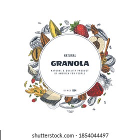 Granola packaging design template. Engraved style illustration. Various berries, fruits and nuts