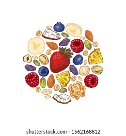 Granola round design. Engraved style illustration. Various berries, fruits and nuts. Vector illustration