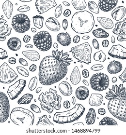 Granola seamless pattern. Engraved style illustration. Various berries, fruits and nuts. Vector illustration